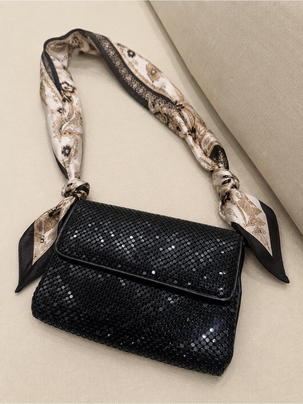 Black Sequin Shoulder Bag with Decorative Scarf Strap